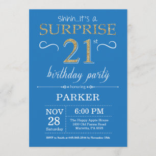 Convites Aniversário de 21 anos de surpresa azul e Dourado
