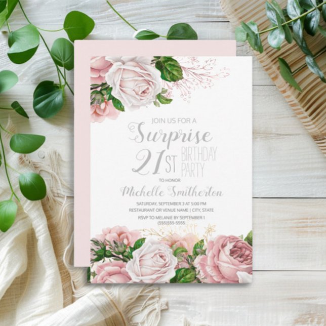 Convites Aniversário de 21 anos de Surpresa Floral Rosa Blu (Elegant pink vintage watercolor flowers surprise 21st birthday party invitation)
