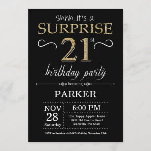 Convites aniversário de 21 anos de surpresa preto e Dourad