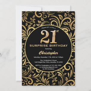Convites Aniversário de 21 anos de surpresa preto e Dourado