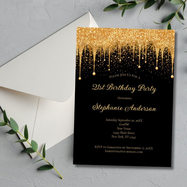 Convites Aniversário de 21 anos de Tendência da Glitter de  (Black Gold Dripping Glitter 21st Birthday Invitation for her. Printed or Digital Download)