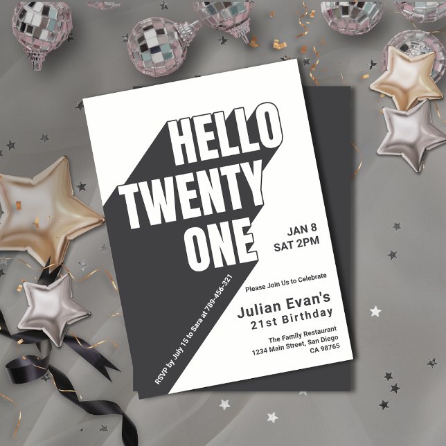 Convites Aniversário de 21 anos de Tipografia Branca e Negr (Playful Black & Whit Bold Typography 21st Birthday Invitation)
