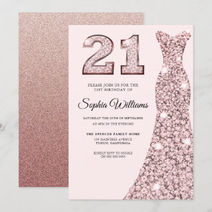 Convites aniversário de 21 anos de vestido azul Dourado ros