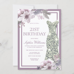 Convites Aniversário de 21 anos de Vestido de Prata Floral 