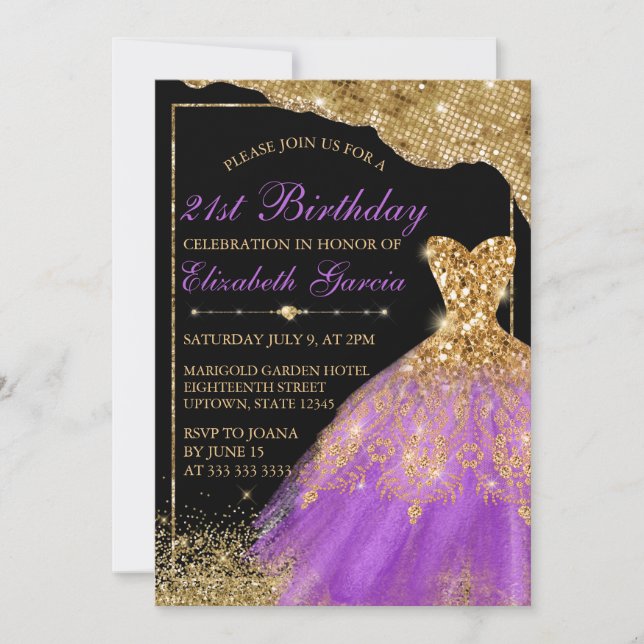 Convites aniversário de 21 anos de Vestido Dourado e roxo (Frente)