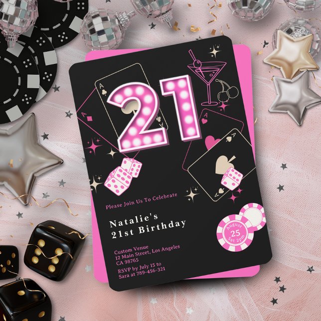 Convites Aniversário de 21 anos do cassino rosa-quente e ci (Sparkle Hot Pink Casino Dice & Chips 21st Birthday Invitation)