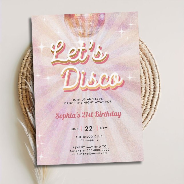 Convites Aniversário de 21 anos do Dance Party 70s do Disco (lets disco 70s dance party 21st birthday invitation girls blush pink vintage retro sparkle glitter)