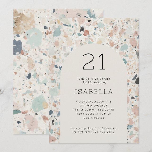 Convites Aniversário de 21 anos do Terrazzo Pastel Colors (Frente/Verso)