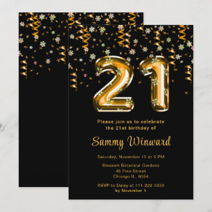 Convites aniversário de 21 anos Dourado Balões Snowflati Co