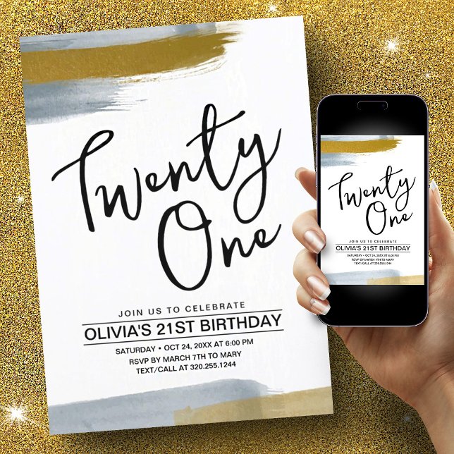 Convites aniversário de 21 anos Dourado Elegante de Script  (21st Birthday Abstract Script Elegant Gold Invitation)
