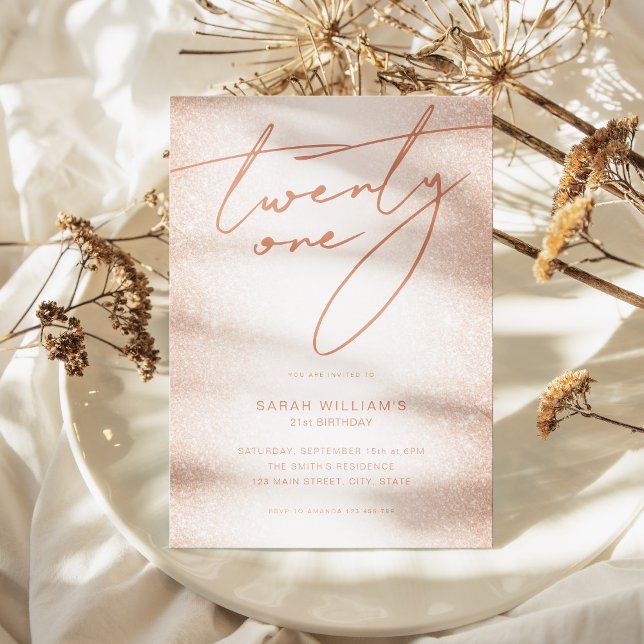 Convites Aniversário de 21 anos Elegante Dourado Rosa de Bl (Modern Blush Rose Gold Elegant 21st Birthday Invitation)