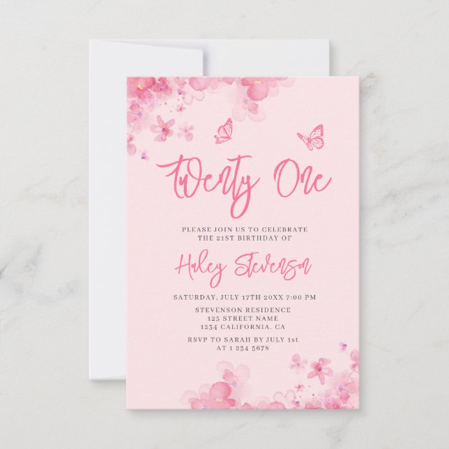 Convites Aniversário de 21 anos em floral rosa pastel suave (Frente)