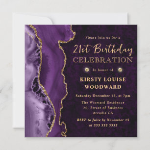 Convites Aniversário de 21 anos em Glitter de Ágata Roxo e 