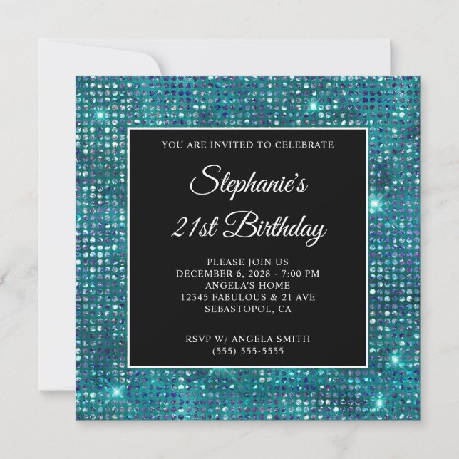 Convites Aniversário de 21 anos em Preto Azul Teal com Diam (Frente)