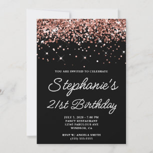 Convites Aniversário de 21 anos em Rose Gold Glitter Preto
