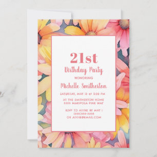 Convites Aniversário de 21 anos Floral Aguarela Rosa Amarel