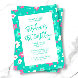 Convites Aniversário de 21 anos Floral Azul Cute Retro