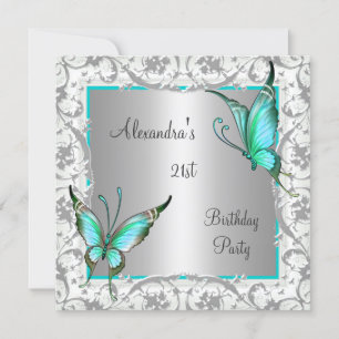 Convites Aniversário de 21 anos Floral Borboleta Teal Prata