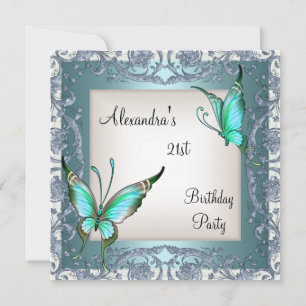 Convites Aniversário de 21 anos Floral Borboleta Teal Prata