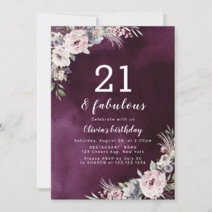 Convites aniversário de 21 anos floral de ameixa roxa e co
