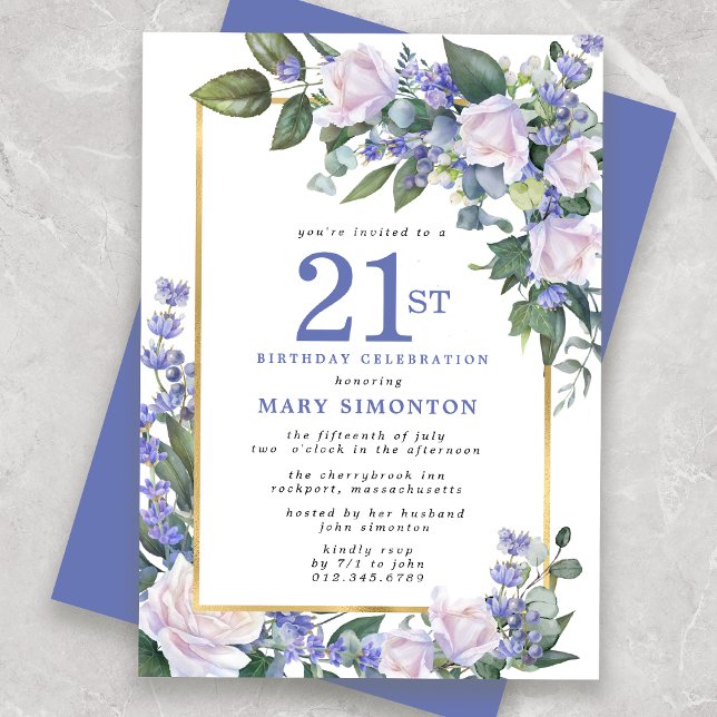 Convites Aniversário de 21 anos Floral Dourado Branco Azul (Criador carregado)