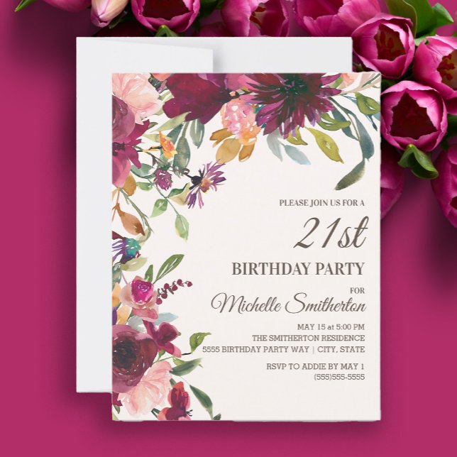 Convites Aniversário de 21 anos Floral Dourado Rosa Elegant (Burgundy and pink watercolor floral 21st birthday party invitation)