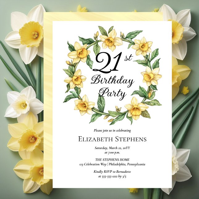 Convites Aniversário de 21 anos Floral Elegante Amarelo (Elegant Yellow Daffodils Floral 21st Birthday Party Invitation - Print and/or Digital Download)