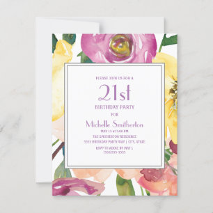 Convites Aniversário de 21 anos floral em aquarela roxo ama