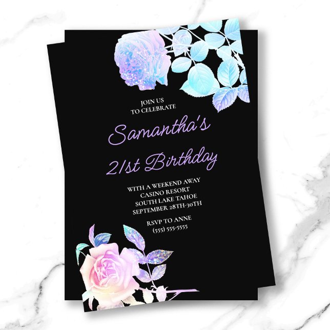 Convites Aniversário de 21 anos Floral Preto e Iridescente (Black and Iridescent Floral 21st Birthday Invitation)