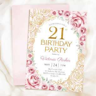 Convites Aniversário de 21 anos floral rosa bege dourado fe