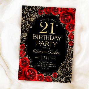 Convites Aniversário de 21 anos Floral Vermelho Preto Doura