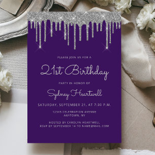 Convites Aniversário de 21 anos Glam Purple com Brilho Prat