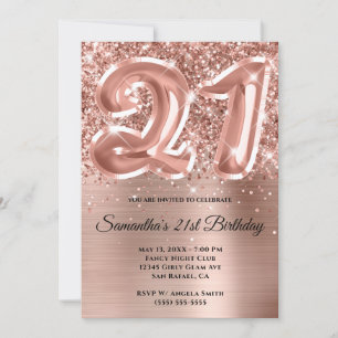 Convites Aniversário de 21 anos Glam Sparkly Glittery Rose