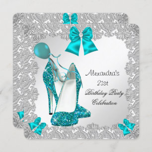 Convites aniversário de 21 anos Glitter Azul Teal Silver 2