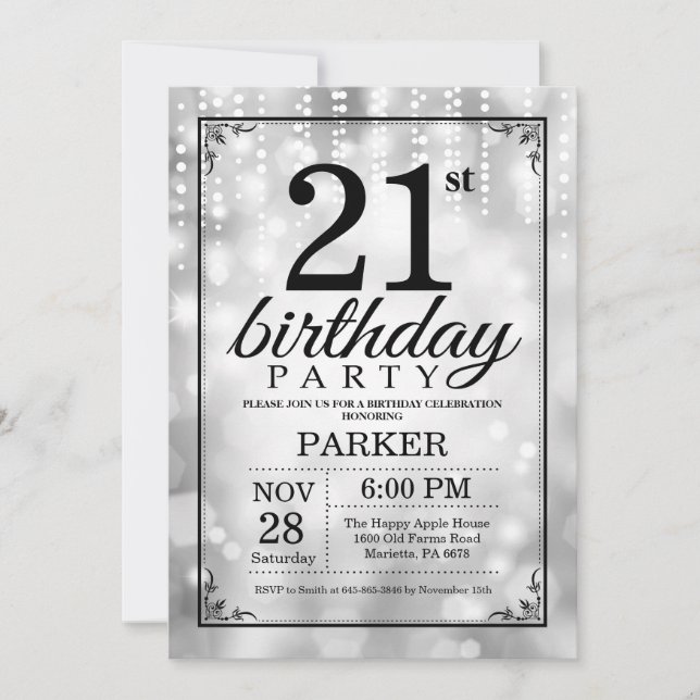 Convites aniversário de 21 anos Invitation Silver Glitter (Frente)