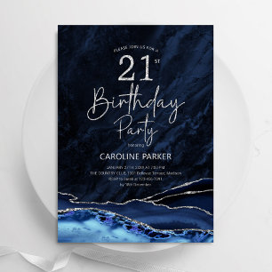 Convites Aniversário de 21 anos Marinho Azul de Prata Agate