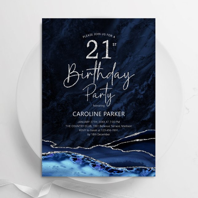 Convites Aniversário de 21 anos Marinho Azul de Prata Agate (Criador carregado)