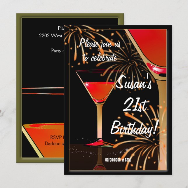 Convites aniversário de 21 anos Martini Cocktail (Frente/Verso)