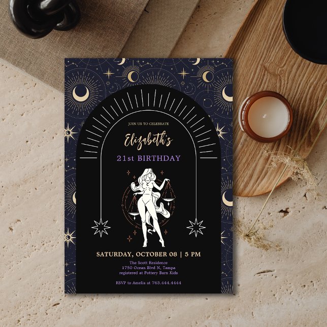 Convites Aniversário de 21 anos Mística Negra Libra Zodiac (Black Mystic Libra Zodiac 21st Birthday Invitation)