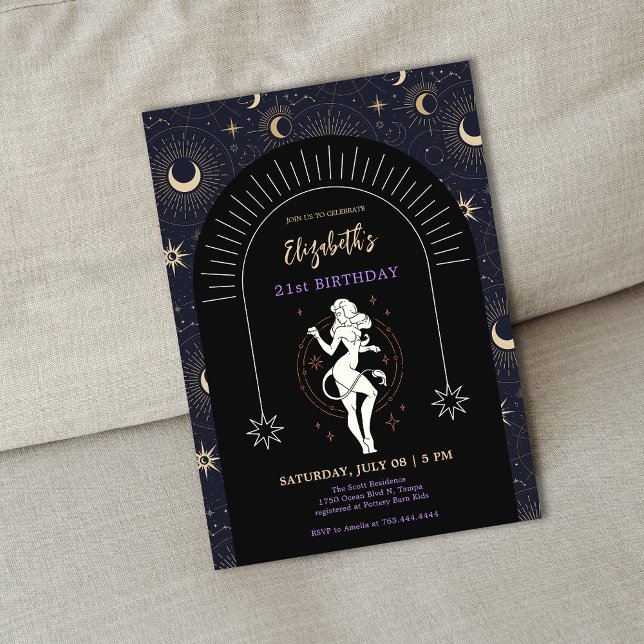 Convites Aniversário de 21 anos Místico Negro Leo Zodiac (Black Mystic Leo Zodiac 21st Birthday Invitation)