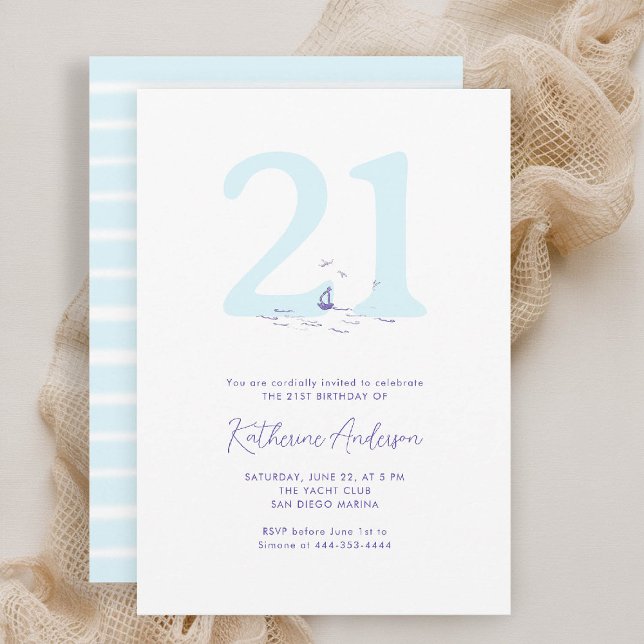 Convites Aniversário de 21 anos moderno das aves costeiras  (21st birthday invitation coastal nautical boat birds yacht beach waterfront ocean marina modern)