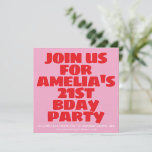 Convites Aniversário de 21 anos moderno em rosa e vermelho,