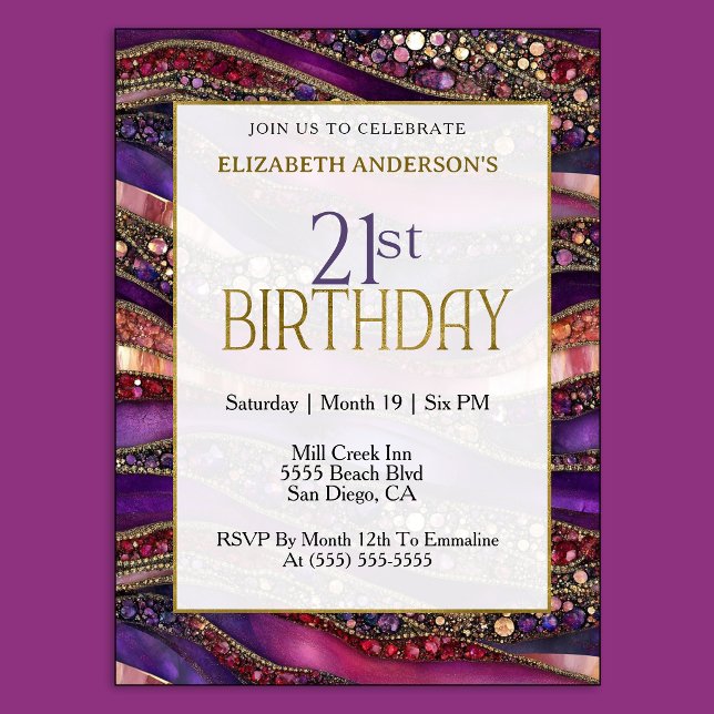 Convites Aniversário de 21 anos Moderno Roxo Dourado com Jo (Luxury purple and gold 21st birthday invitation with jeweled marble design and elegant style.
)