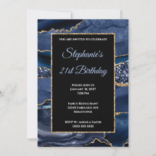 Convites Aniversário de 21 anos Navy Agate Gold Glitter Gla