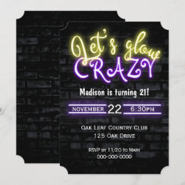 Convites aniversário de 21 anos Neon - Sinal de brilho na p