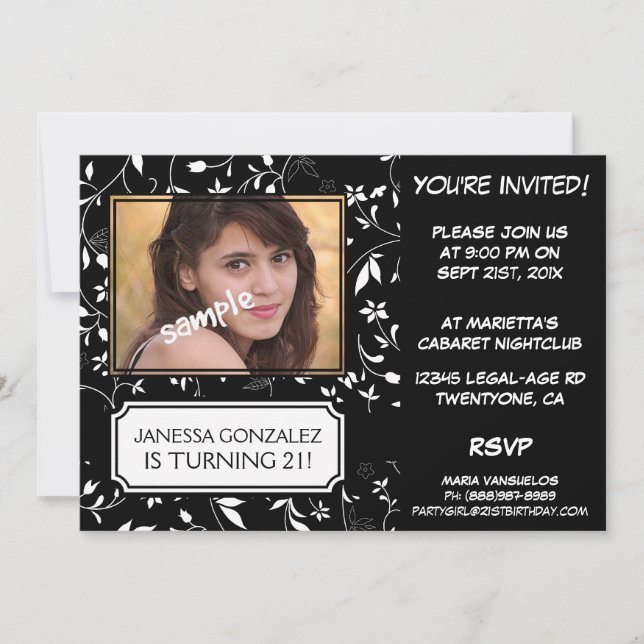 Convites Aniversário de 21 anos para a jovem senhora BW (Frente)