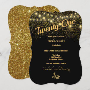 Convites aniversário de 21 anos Party Dourado Glitter Stile