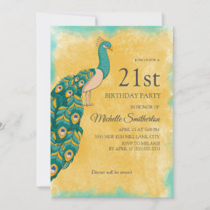 Convites Aniversário de 21 anos Pavão Aquarela Azul Turques