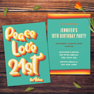 Convites Aniversário de 21 anos Peace Love Retro Groovy Sun