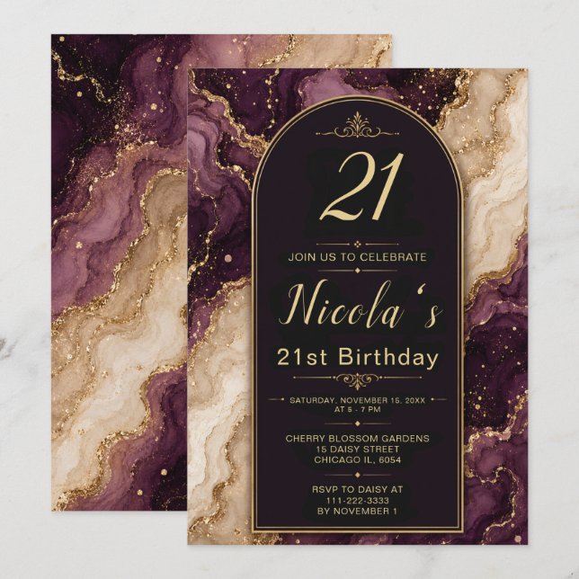 Convites Aniversário de 21 anos Plum e Gold (Frente/Verso)